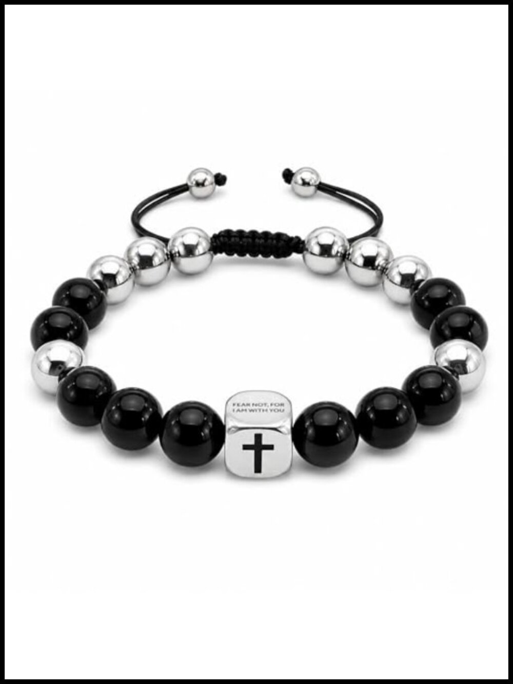 Men's Black Onyx Beaded Bracelet with Stainless Steel Cross for Christian Faith